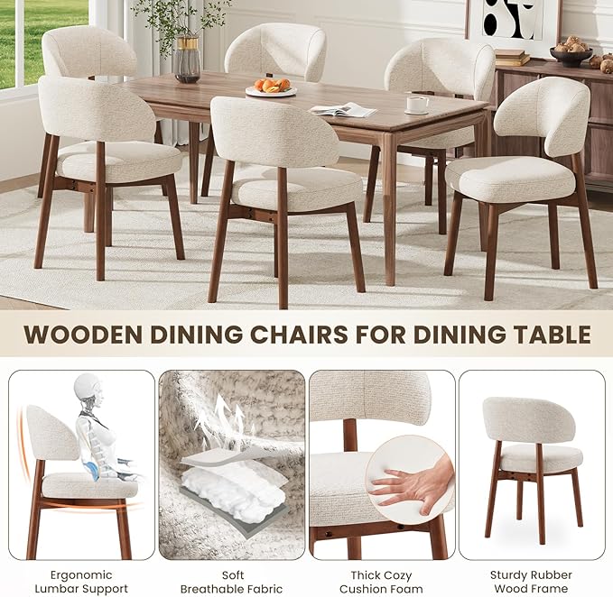 MALOL Wooden Dining Chairs Set of 4, Modern Upholstered Dining Room Chair, Fabric Kitchen Side Chairs with Curved Open Back for Living Room/Restaurant/Cafe, Beige