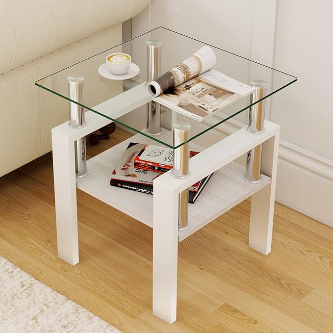 Set of 2 Glass End Table, 2-Layer Glass Living Room Table, Modern Tea Table Side Tables for Home Office Furniture