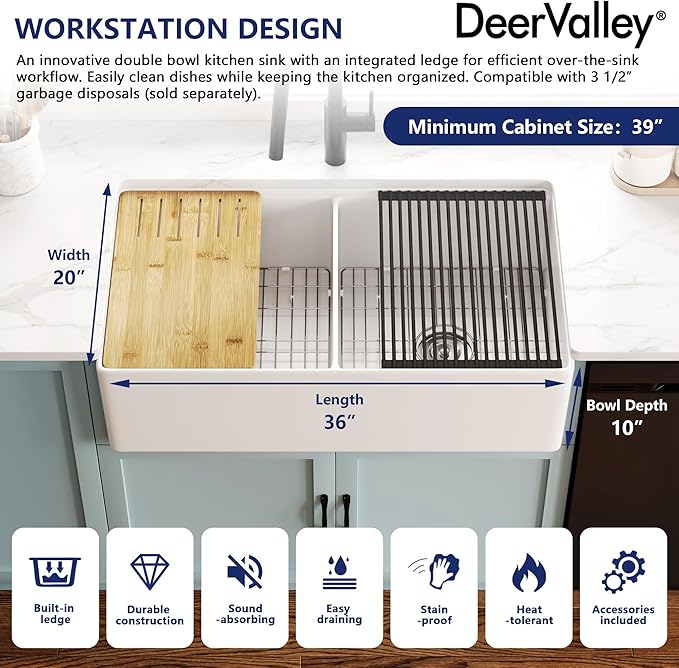 DeerValley Double Bowl Workstation Kitchen Sink 36 inch, Reversible Fireclay Deep Farmhouse Apron Front Kitchen Sinks, White Undermount Farm Sink with Ledge and Accessories