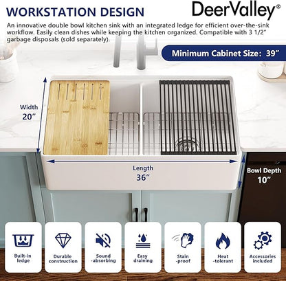 DeerValley Double Bowl Workstation Kitchen Sink 36 inch, Reversible Fireclay Deep Farmhouse Apron Front Kitchen Sinks, White Undermount Farm Sink with Ledge and Accessories