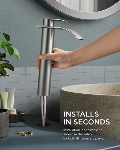 FORIOUS Waterfall Bathroom Vessel Sink Faucets with Metal Pop up Drain and Lead-Free cUPC Hose, Chrome Single Handle Tall Bathroom Faucet 1 Hole, 11inch for Bath,Vessel