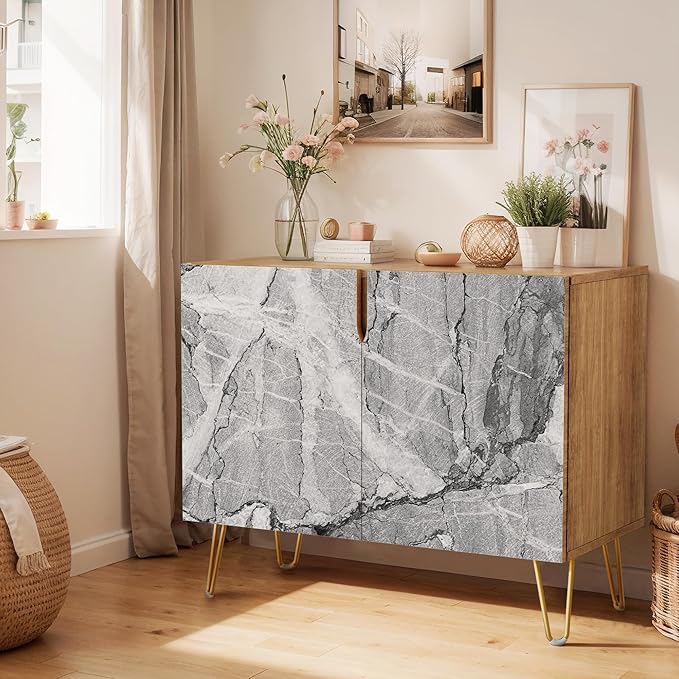 SIGNWIN Sideboard Buffet Cabinet, Kitchen Storage Cabinet with 2 Doors, Gray & White Granite Stonewash Style, Cupboard Console Table for Dining Room - 35" L x 18" W x 29" H