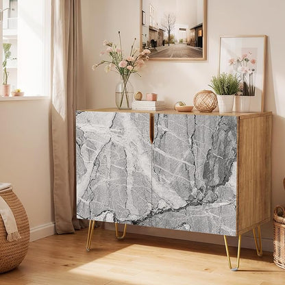 SIGNWIN Sideboard Buffet Cabinet, Kitchen Storage Cabinet with 2 Doors, Gray & White Granite Stonewash Style, Cupboard Console Table for Dining Room - 35" L x 18" W x 29" H