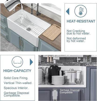 White Farmhouse Sink 33 x 18 Inch, Large Firecaly Apron Front Undermount Farm Sink Heavy Duty Single Bowl, with Custom Accessories 2 Types, Pure White, for Kitchen