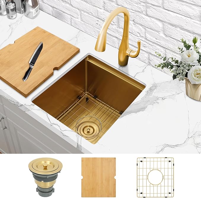 Kitsitchen Gold Bar Sink Undermount, 16 Guage Stainless Steel Workstation Sinks with Accessories, 15" x 17" Small Kitchen Sink for RV,Outdoor, Wetbar,Pre-Bar