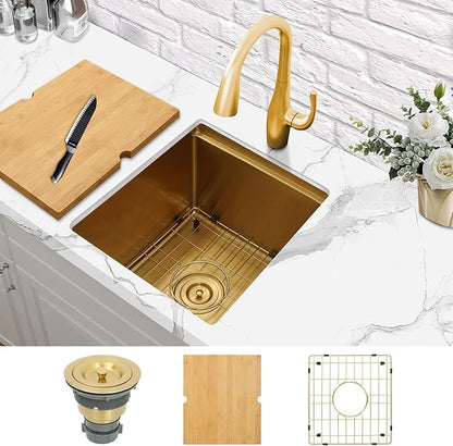Kitsitchen Gold Bar Sink Undermount, 16 Guage Stainless Steel Workstation Sinks with Accessories, 15" x 17" Small Kitchen Sink for RV,Outdoor, Wetbar,Pre-Bar