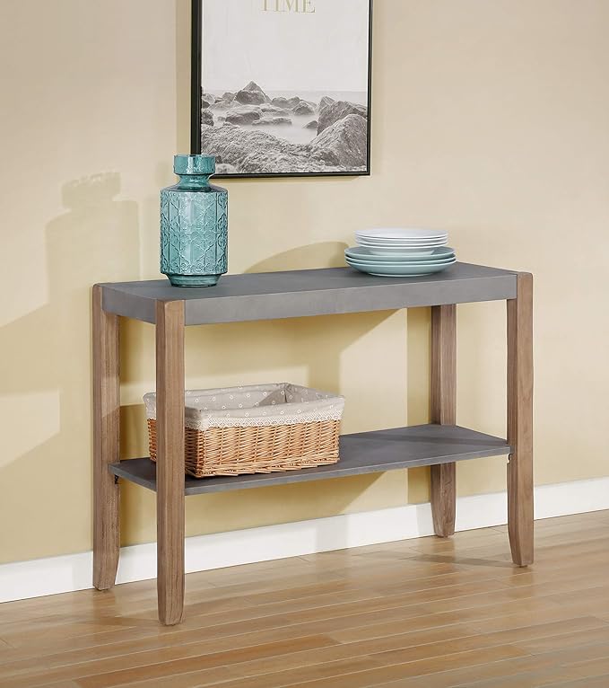 Alaterre Furniture Newport Dining Table for 4 – Rustic Industrial 6-Piece Dining Set Includes 48” x 30” Faux Concrete Kitchen Table, 4 Rush-Seat Stools & Side Buffet Console for Small Spaces