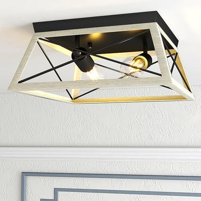 Pia Ricco 2-Light Flush Mount Ceiling Light, Rustic Industrial Farmhouse Square Fixture for Porch, Patio, Kitchen, Hallway, Entryway，Cream White