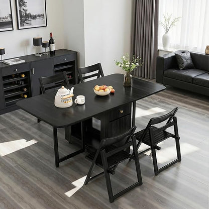 Folding Dining Table and Chairs - 59" Fully Assembled Drop Leaf Table 4-6 Seater with Storage and Lockable Wheels, Space-Saving Set with 2 Chairs for Kitchen or Dining Room (Black)