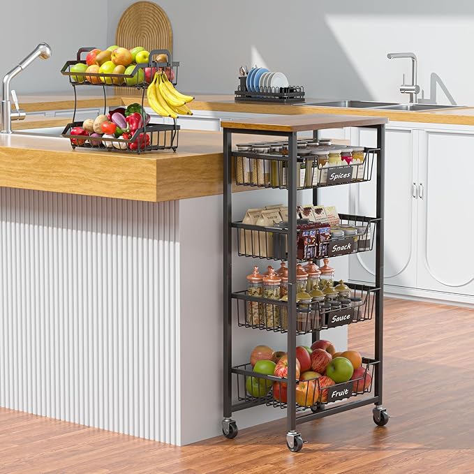 XYZLVSI Kitchen Storage Cart with Wheels, 5-Tier Metal Utility Rolling Cart Fruit Vegetable Storage Basket Pantry Rack with Wood Top & Pull Out Baskets for Kitchen, Livingroom, Diningroom, Office