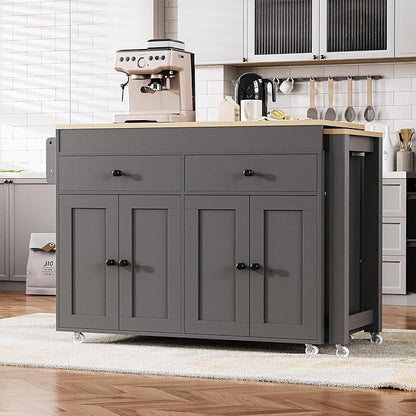 Modern Dining Table 74.5 Inch Kitchen Island with Extendable Table, Rolling Cart with 4 Door Cabinet, 2 Drawers, Spice Rack, Wood Counter for Living Room,Grey-MDF