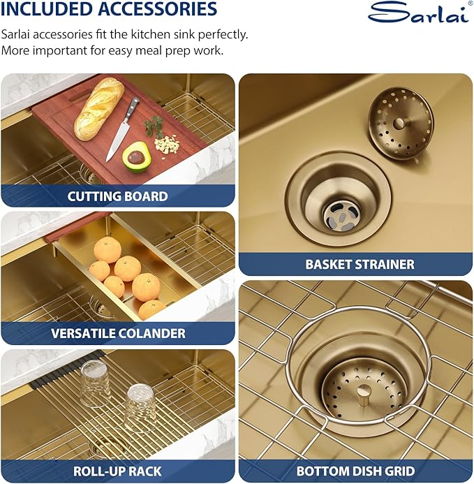 Sarlai 36 Gold Undermount Kitchen Sink Workstation - 36x19 Inch Kitchen Sinks with Ledge NANO-Tech Gold Sink Round Corner 16 Gauge Stainless Steel Single Bowl Sink Basin