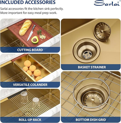 Sarlai 36 Gold Undermount Kitchen Sink Workstation - 36x19 Inch Kitchen Sinks with Ledge NANO-Tech Gold Sink Round Corner 16 Gauge Stainless Steel Single Bowl Sink Basin
