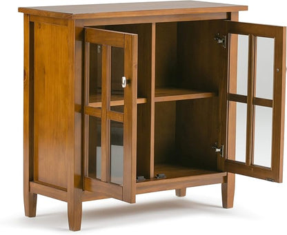 SIMPLIHOME Warm Shaker Storage Cabinet - 32 inch Wide Solid Wood 2-Shelf Low Storage Cabinet in Light Golden Brown, Transitional Accent Cabinet for Entryway with Tempered Glass Doors and Shelves