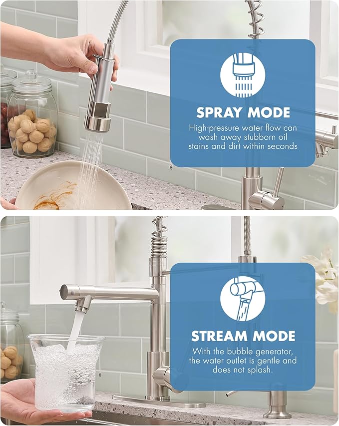 AIMADI Kitchen Faucet with Pull Down Sprayer,Stainless Steel Sink Faucet with Soap Dispenser Deck Plate, Spring Single Handle Modern Utility Faucets for Farmhouse Laundry Camper RV Bar,1 or 3 Hole