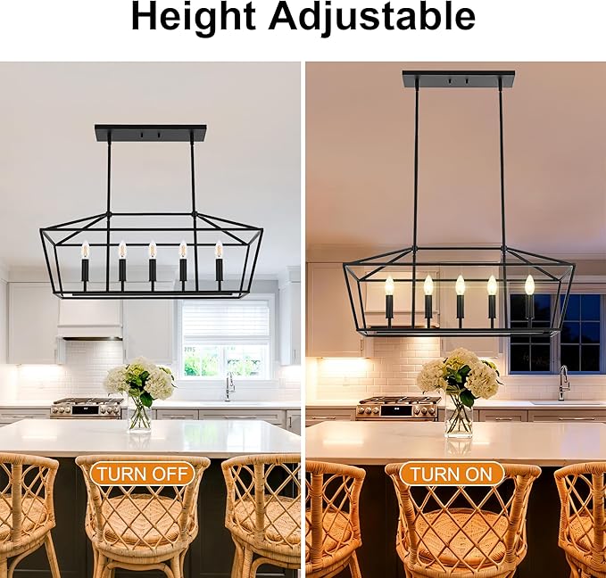VINLUZ Farmhouse Kitchen Island Light,E12 5-Light Matte Black Finish Rustic Dining Room Chandelier Hanging Pendant Lighting Fixture Ceiling Light for Living Room Foyer Bedroom