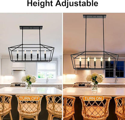 VINLUZ Farmhouse Kitchen Island Light,E12 5-Light Matte Black Finish Rustic Dining Room Chandelier Hanging Pendant Lighting Fixture Ceiling Light for Living Room Foyer Bedroom