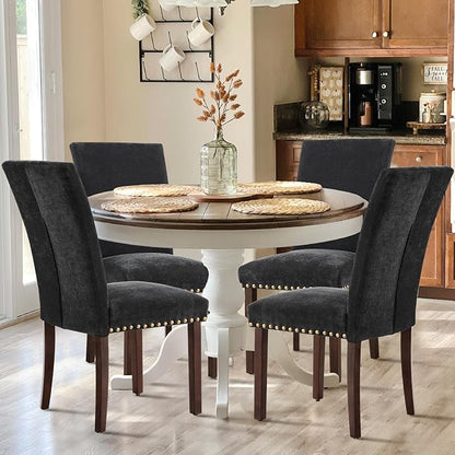 COLAMY Upholstered Parsons Dining Chairs Set of 6, Fabric Dining Room Kitchen Side Chair with Nailhead Trim and Wood Legs - F-Black