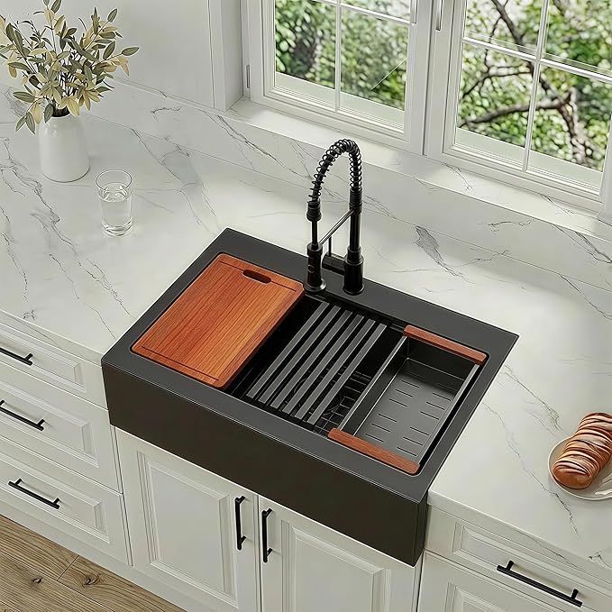 36 Inch Farmhouse Black Sink, 16 Gauge 304 Stainless Steel Farm Sinks, Drop In Topmount Single Bowl Workstation Sink with all Accessories, 36" x 22" x 10" Deep Kitchen Sink