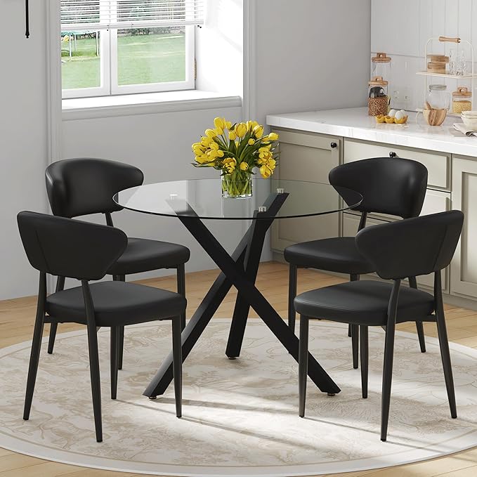 Round Glass Dining Table Set for 4 People, 31 Inch Diameter with X-Shaped Black Metal Base and Ergonomic PU Chairs, Easy to Clean Tempered Glass Top for Kitchen and Dining Room