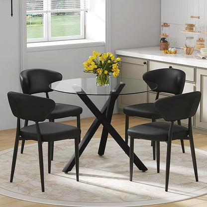 Round Glass Dining Table Set for 4 People, 31 Inch Diameter with X-Shaped Black Metal Base and Ergonomic PU Chairs, Easy to Clean Tempered Glass Top for Kitchen and Dining Room