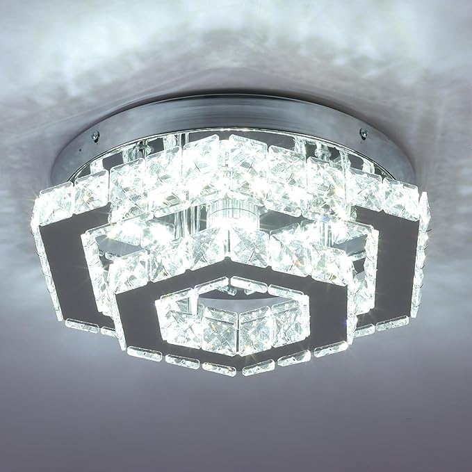 CXGLEAMING Modern LED Chandelier Flush Mount Ceiling Light Fixture Crystal Chandeliers for Living Room Bedroom Dining Kitchen (6500K Cool White)