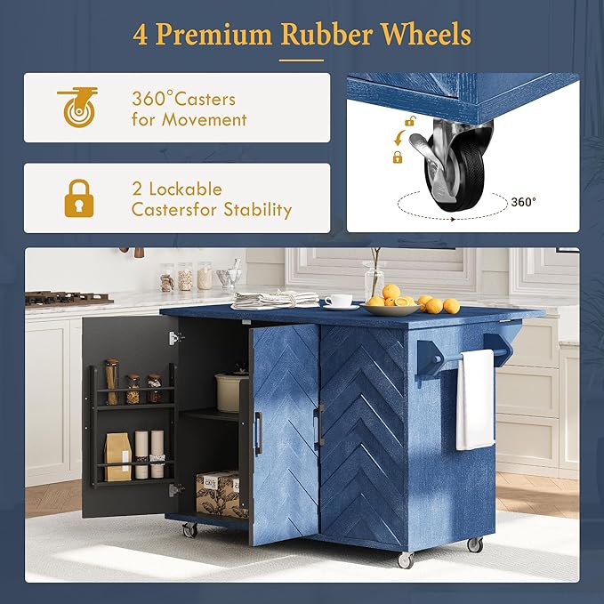 Navy Blue#015 51.2" W 3D Wave Stripes Ash Veneer Kitchen Island with Drop Leaf, Farmhouse Style on Wheels, Rolling Cart with Internal Storage Rack