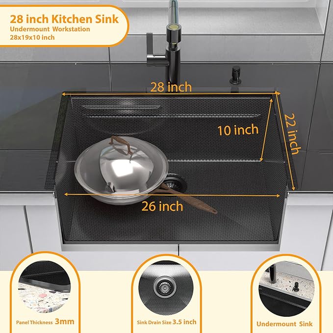 28inch Black Kitchen Sink Undermount - Feibus 28x19x10 with Double Step Workstation 16 Gauge Honeycomb Embossment Stainless Steel Single Bowl