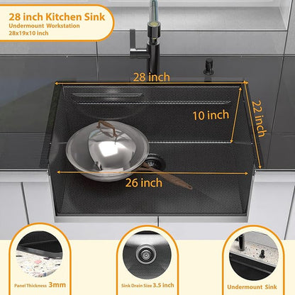 28inch Black Kitchen Sink Undermount - Feibus 28x19x10 with Double Step Workstation 16 Gauge Honeycomb Embossment Stainless Steel Single Bowl