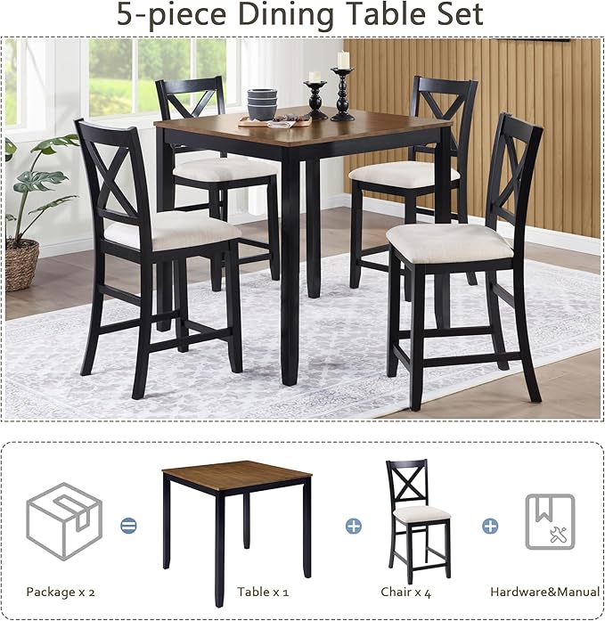 5 Piece Counter Height Dining Set with 4 Chairs, Classic Wooden Table for 4, Farmhouse Style Dining Room Set for Kitchen, Black and Oak Two Tone