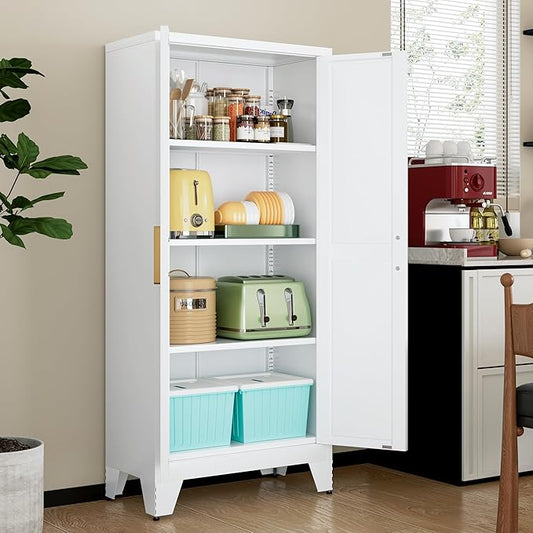 LCAOPC 61" Tall Metal Storage Cabinet with 2 Doors and 3 Adjustable Shelves, 4-Tier Kitchen Pantry Storage Cabinet for Kitchen, Living Room, Dining Room and Office, White