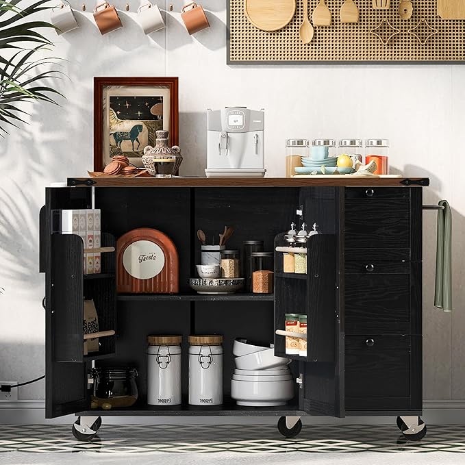 Farmhouse Kitchen Island with Power Outlet, Kitchen Storage Island with Internal Storage Rack, Drop Leaf, Spice Rack, Rolling Kitchen Cart on Wheels, for Home, Kitchen and Dining Room (Black#049)