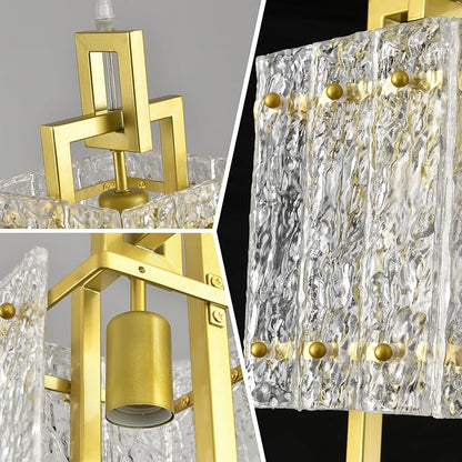 Gold Pendant Light Fixture - Modern Kitchen Island Water Ripple Glass Square Light - Adjustable Hanging Lighting for Kitchen Dining Room Over Island - 2 Pack