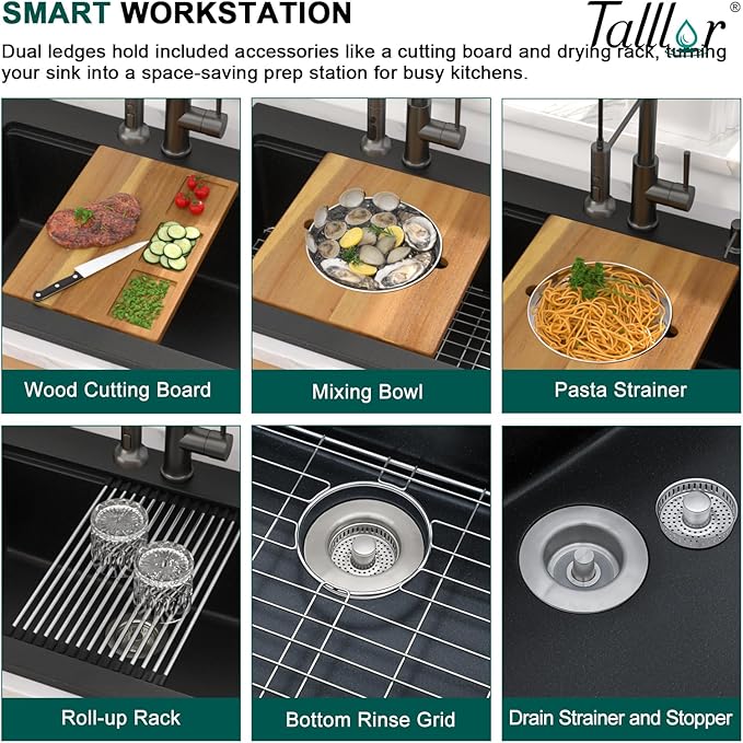 30 Inch Black Granite Composite Drop In Kitchen Sink, Single Bowl Classic Quartz-Based Workstation All-In One Sink with Mixing Bowl and Pasta Strainer, 2-Holes Configuration #TLGT-121