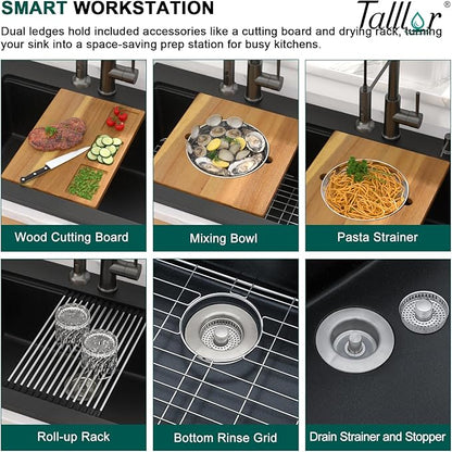 30 Inch Black Granite Composite Drop In Kitchen Sink, Single Bowl Classic Quartz-Based Workstation All-In One Sink with Mixing Bowl and Pasta Strainer, 2-Holes Configuration #TLGT-121