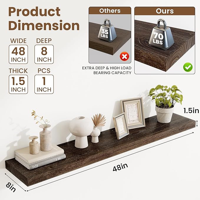 Acovy Extra Deep 48" Long Rustic Solid Wood Floating Shelves for Wall, Wall Shelves with Invisible Bracket for Living Room Bathroom Bedroom Kitchen, Set of 1, Walnut