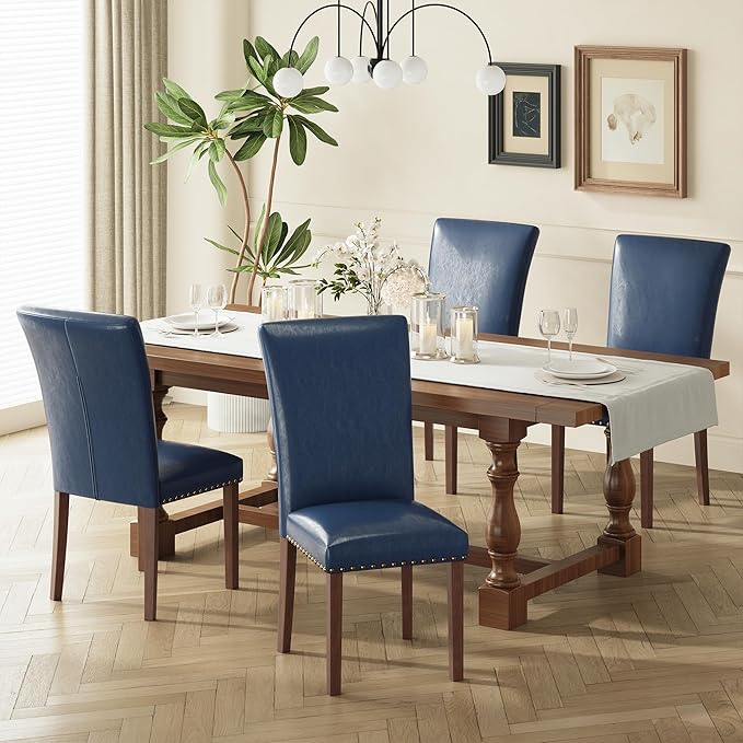 COLAMY Upholstered Parsons Dining Chairs Set of 4, PU Leather Dining Room Kitchen Side Chair with Nailhead Trim and Wood Legs - Blue