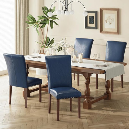 COLAMY Upholstered Parsons Dining Chairs Set of 4, PU Leather Dining Room Kitchen Side Chair with Nailhead Trim and Wood Legs - Blue