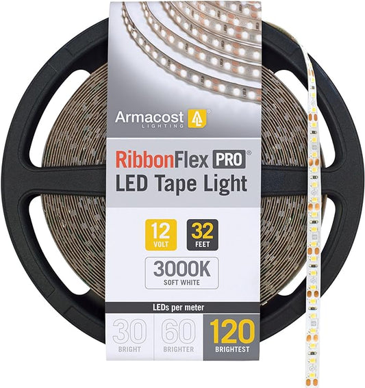 Armacost Lighting RibbonFlex Pro 12V White LED Strip Lights 120 LED/m, 3000K, 32.8 ft 143250