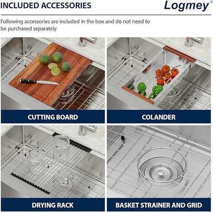 Logmey 33" Apron Front Farmhouse Kitchen Sink,33x21 ALL in One Premium 16 Gauge Stainless Steel Workstation,Deep Single Bowl Sinks,Ideal for Home Cooking,Cleaning & Daily Kitchen Use,Noise Reduction