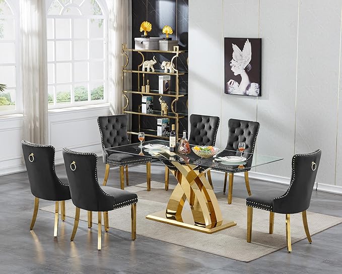 70" Large Glass Dining Table for 4 6 8, Modern Rectangular Glass Top Kitchen Table with Golden X-Design Stainless Steel Base, Luxury Dining Room Table for Dinner Kitchen Dining Room