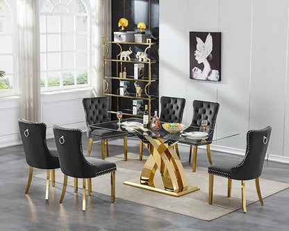 70" Glass Dining Table for 6-8, Modern Dining Room Table with 0.39" Tempered Glass Top and X-Shaped Gold Stainless Steel Base, Rectangle Kitchen Dinner Table