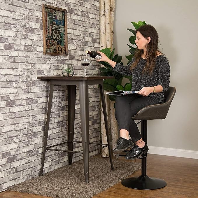 Glitzhome 3-Piece Pub Table and Chairs, Square Bar Height Adjustable Swivel PU Leather Bar Stools Set of 2, Rustic Dining Room Tables for Kitchen Island Bistro Office Living Room Small Space
