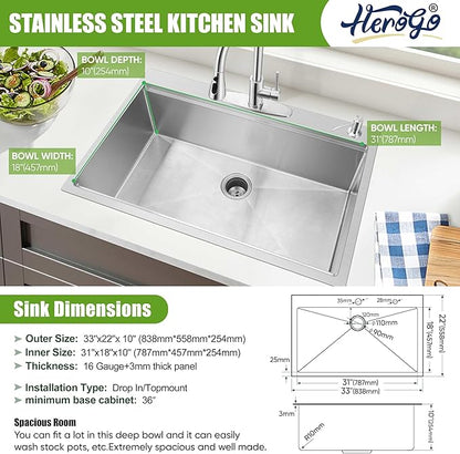 Herogo 33x22Inch Drop In Kitchen Sink, 18/10 Stainless Steel Topmount Handmade 10'' Deep Single Bowl Kitchen Workstaion Sink with 5 Accessories