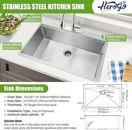 Herogo 33x22Inch Drop In Kitchen Sink, 18/10 Stainless Steel Topmount Handmade 10'' Deep Single Bowl Kitchen Workstaion Sink with 5 Accessories