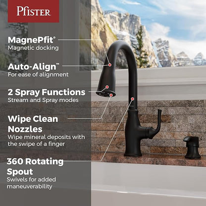 Pfister Rosslyn Kitchen Faucet with Pull Down Sprayer and Soap Dispenser, Single Handle, High Arc, NSF Certified, Matte Black Finish, F5297RSSRB