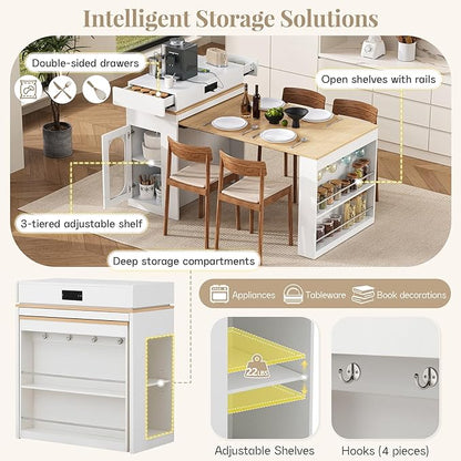 Extendable Dining Table with Folding Tabletop, Bar Table with Drawers and Power Outlet, Rolling Kitchen Island with Wheels and Hooks, Sideboard for Dining Room (Creamy White+Natural)
