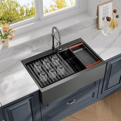 Rhbamoa 33 Inch Black Farmhouse Sink,16 Gauge T304 Black Single Bowl Apron Front Kitchen Farm Sink,10 Inch Depth Topmount Farmhouse Sinks with All Accessories