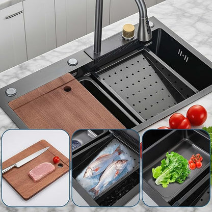 30" Black Drop In Waterfall Kitchen Sink Workstation Single Bowl Stainless Steel Honeycomb Waterfall Sink Modern and Highly Durable Multifunctional Top Mount Kitchen Sinks with Pull-Down Faucet