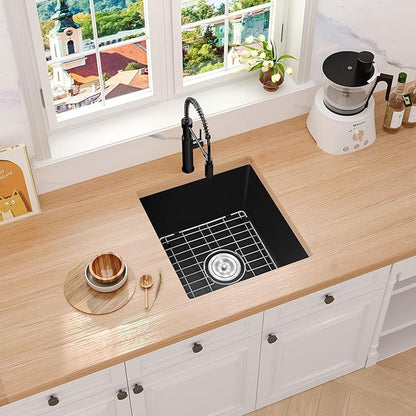 Rhbamoa Black Bar Sink Granite Composite,Black Kitchen Sink Undermount,18 inch Bar Prep RV Sinks, 18''x18'' Small Single Bowl Quartz Kitchen Sinks with Accessories